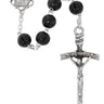 7mm black wood carved rosary made in Italy with dark-tone crucifix and center medal, shown with plastic gift box