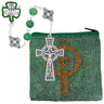 8mm green glass Irish rosary with zinc Celtic cross Our Father beads and hand woven rosary pouch
