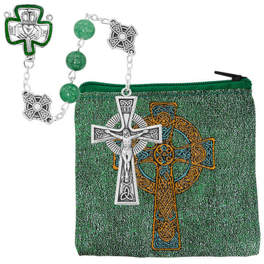 8mm green glass Irish rosary with zinc Celtic cross Our Father beads and hand woven rosary pouch