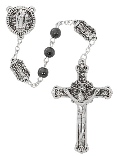 6mm hematite St. Benedict rosary with silver oxidized crucifix and St. Benedict Our Father beads in a gift box