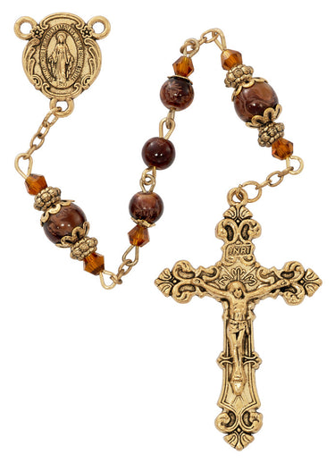 6mm brown marbelin glass bead rosary with antique gold over zinc crucifix and center piece in plastic gift box