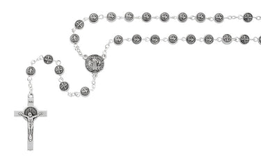 All-zinc metal St. Benedict Rosary with linked chain construction and St. Benedict medal centerpiece, hang carded for retail display
