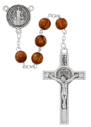 8mm sandstone glass St. Benedict rosary with silver oxidized crucifix and center piece displayed against a white background