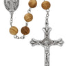 8mm milk wood bead rosary with zinc crucifix and center piece shown in plastic gift box