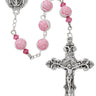 8mm rose pink crystal bead rosary with zinc crucifix and center piece displayed against a white background