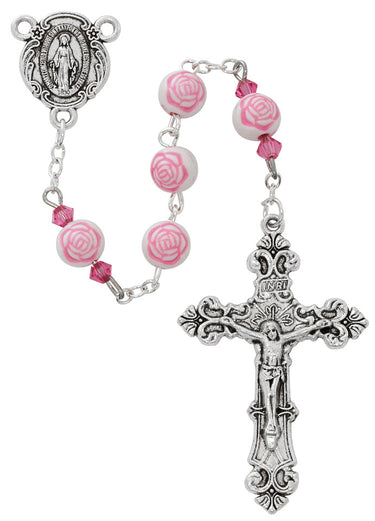 8mm rose pink crystal bead rosary with zinc crucifix and center piece displayed against a white background