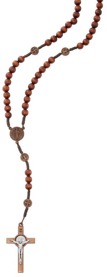 7mm brown wood St. Benedict rosary with copper-finish crucifix and center medal made in Italy
