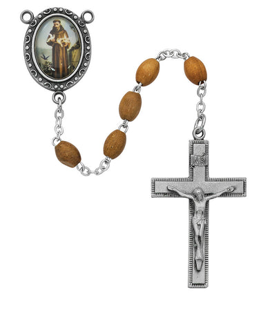Olive wood St. Francis rosary with pewter crucifix and St. Francis center piece in deluxe gift box