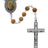 6mm olive wood St. Joseph rosary with pewter crucifix and St. Joseph decal center medal displayed on white background