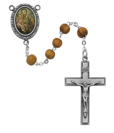6mm olive wood St. Joseph rosary with pewter crucifix and St. Joseph decal center medal displayed on white background