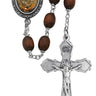 6x8mm brown wood St. Michael rosary with pewter crucifix and St. Michael decal centerpiece shown against white background