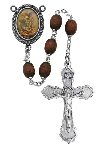 6x8mm brown wood St. Michael rosary with pewter crucifix and St. Michael decal centerpiece shown against white background