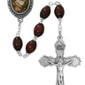 6x8mm brown St. Padre Pio rosary with pewter crucifix and center piece shown full length against white background