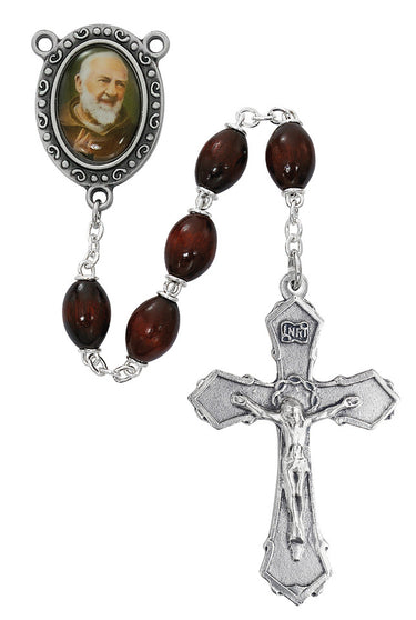 6x8mm brown St. Padre Pio rosary with pewter crucifix and center piece shown full length against white background