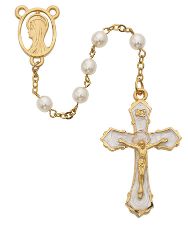 6mm gold plate pearl rosary with gold-tone pewter crucifix and center piece displayed against a neutral background