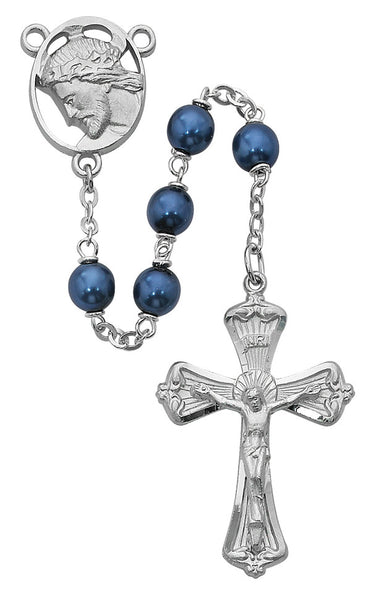 7mm blue metallic glass bead rosary with rhodium plated pewter crucifix and Head of Christ center medal in deluxe gift box