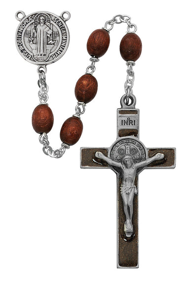6x8mm brown wood St. Benedict rosary with pewter crucifix and center piece in deluxe gift box