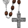 6x8mm brown wood Trinity Rosary with pewter crucifix and center piece displayed on a neutral background