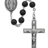 7mm black wood five-decade rosary with pewter crucifix and center medal displayed against a white background