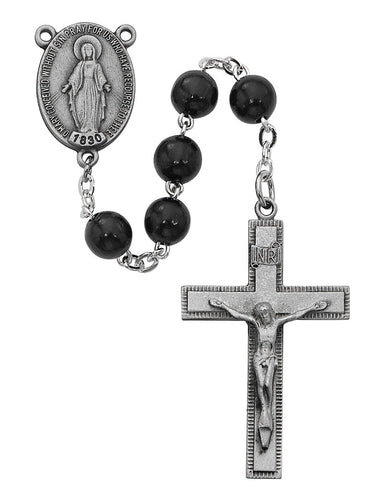 7mm black wood five-decade rosary with pewter crucifix and center medal displayed against a white background