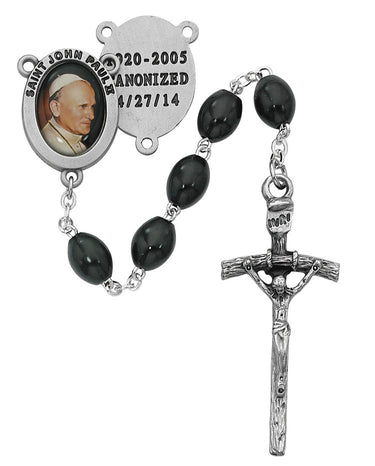 St. John Paul II black wood rosary with 6x8mm oval beads and papal crucifix in deluxe gift box