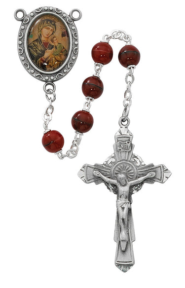 7mm red marble Our Lady of Perpetual Help rosary with pewter crucifix and pewter photo center in deluxe gift box