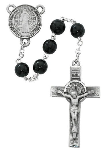 7mm black wood St. Benedict rosary with pewter crucifix and center piece displayed against a white background