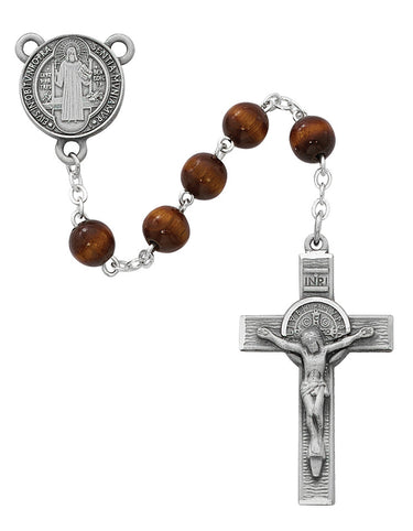 7mm brown wood St. Benedict rosary with pewter crucifix and center medal displayed against a white background