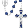 7mm blue metallic rosary with rhodium-plated pewter blue epoxy crucifix and Miraculous Medal center in burgundy velour gift box