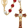 8mm red and pearl capped glass rosary with gold-plated pewter hardware, Miraculous Medal center, and Holy Mass red epoxy crucifix in red velour gift box