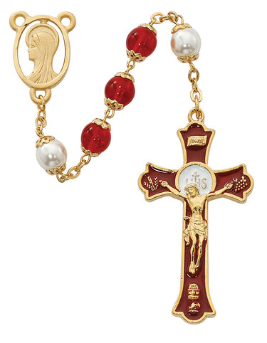 8mm red and pearl capped glass rosary with gold-plated pewter hardware, Miraculous Medal center, and Holy Mass red epoxy crucifix in red velour gift box