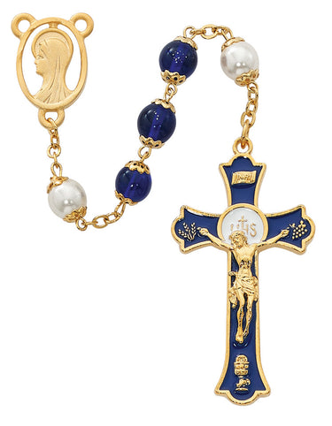 8mm blue and pearl glass rosary with gold-plated pewter hardware, Miraculous Medal center, and Holy Mass blue epoxy crucifix in red velour gift box