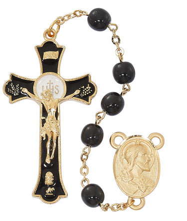 7mm round black glass rosary with gold-plated pewter links, Miraculous Medal center, and black epoxy Holy Mass crucifix in red velour gift box