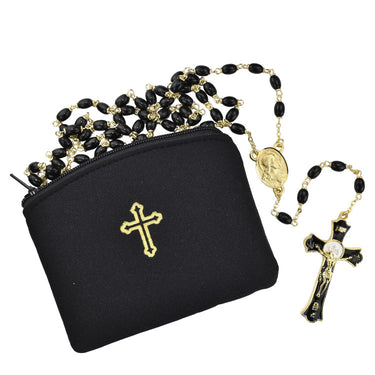 7mm round black glass rosary with gold-plated pewter hardware, Miraculous Medal center, and black epoxy Holy Mass crucifix
