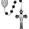 7mm black glass rosary with black epoxy pewter Holy Mass crucifix and Miraculous Medal center in burgundy velour gift box
