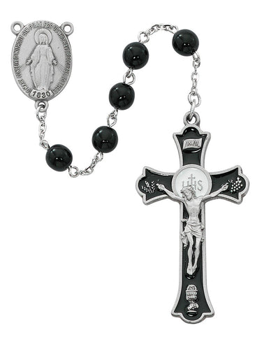 7mm black glass rosary with black epoxy pewter Holy Mass crucifix and Miraculous Medal center in burgundy velour gift box