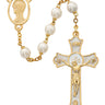 7mm gold-plated pewter and pearl rosary with Holy Mass epoxy crucifix and Miraculous Medal center in red velour gift box
