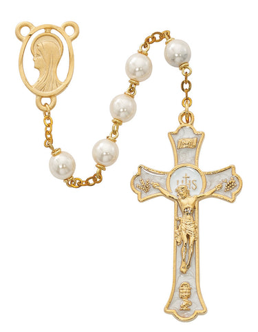 7mm gold-plated pewter and pearl rosary with Holy Mass epoxy crucifix and Miraculous Medal center in red velour gift box