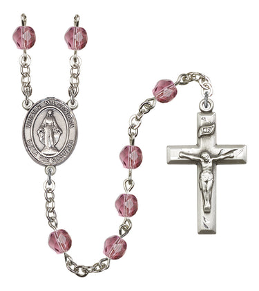 Silver tone Miraculous Medal Catholic rosary with 8mm amethyst crystal birthstone beads handcrafted in USA by Bliss Manufacturing