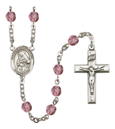 Silver tone Our Lady of Providence birthstone rosary with 6mm crystal beads handcrafted in USA