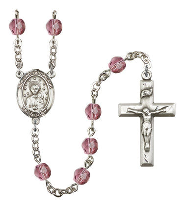 Rhodium-plated Our Lady of La Vang birthstone rosary with 6mm beads hand-assembled in USA by RosaryCard