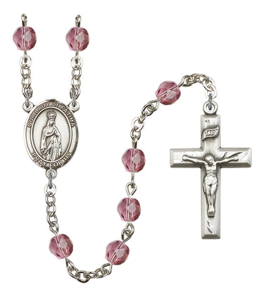 Silver tone Our Lady of Fatima birthstone rosary with 6mm beads handcrafted in USA by RosaryCard