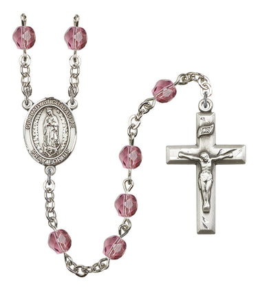 Silver tone Our Lady Of Guadalupe Catholic rosary with 6mm birthstone crystal beads handcrafted in USA by Bliss Manufacturing