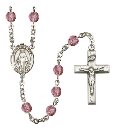 Rhodium-plated Our Lady of Lebanon birthstone rosary with 6mm beads hand-assembled in USA by RosaryCard
