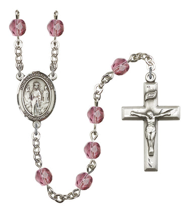 Silver tone Our Lady of Knock birthstone rosary with personalized five-decade prayer beads, hand-assembled in USA by Bliss Manufacturing