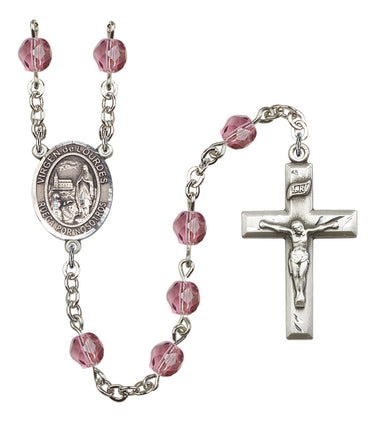 Silver tone Our Lady of Lourdes Catholic rosary with 8mm amethyst crystal birthstone beads handcrafted in USA by Bliss Manufacturing