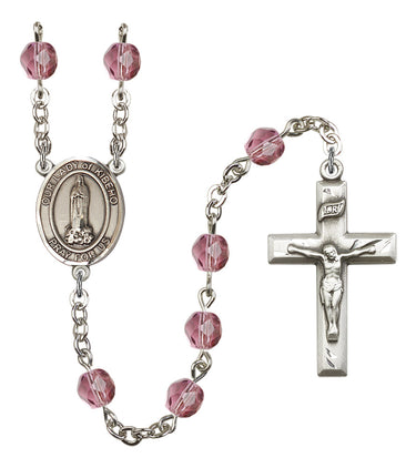 Silver tone Our Lady of Kibeho birthstone rosary with personalized five-decade prayer beads, hand-assembled in USA by Bliss Manufacturing