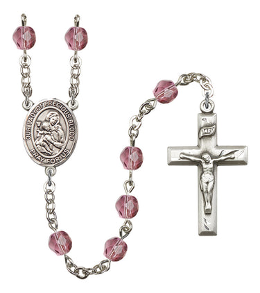 Silver tone birthstone Catholic rosary featuring Our Lady of the Precious Blood, hand-assembled in USA by RosaryCard