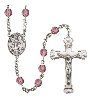 Silver tone Miraculous Medal Catholic rosary with amethyst crystal birthstone beads handmade in USA by Bliss Manufacturing