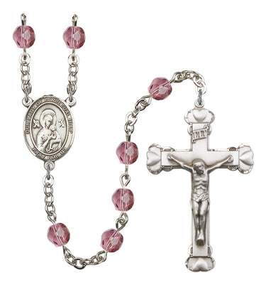 Silver tone Our Lady Of Perpetual Help Catholic rosary with birthstone crystal beads handcrafted by Bliss Manufacturing USA